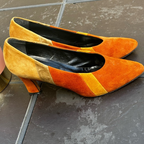Fiordiluna Vintage Italian Tan Orange Suede Block Leather Shoes Eur 38 US 7/7.5 - Picture 1 of 10